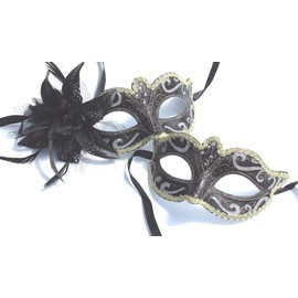 THE GOOD LIFE HIS N HERS PAIR OF MATCHING BLACK BRONZE SILVER & GOLD VENETIAN MASQUERADE CARNIVAL PARTY EYE MASKS