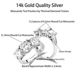 DovEggs Moissanite Engagement Rings for Women,Moissanite Wedding Ring,Classic 3 Stone 4ct Center 6.5mm-8mm-6.5mm GHI Color H&A Cut Anniversary Promise 14K Gold QUALITY Sterling Silver (8)