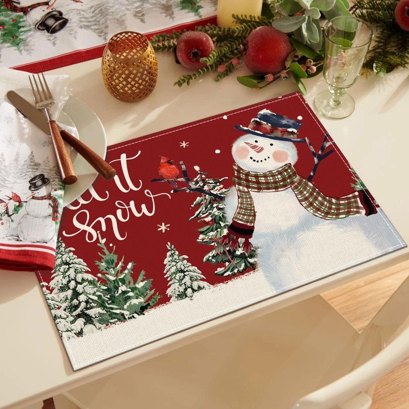 Christmas Placemats Set of 4, 12x18 Inch Red Snowman Let