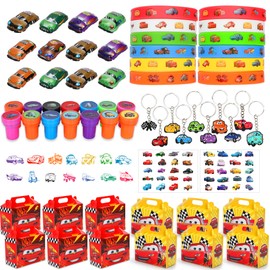 Cars Birthday Party Supplies Cars Birthday Party Favors for Car Birthday Party Decorations Include 12Pcs Cars, 14Pcs Stampers, 12Pcs Keychains, 12Pcs Bracelets, 12Pcs Gift Boxes, 4Pcs Tattoo Stickers
