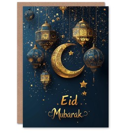 Artery8 Eid Mubarak Greeting Card Gold Blue Decorative Lanterns Moon Blank For Him Or Her Art Eid al-Fitr Card
