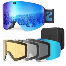 ZIONOR X11 Ski Goggles with 4 Lens, Magnetic Cylindrical Snow Snowboard Goggles with Case, Anti Fog UV Protection OTG for Men Women Adult - Color: Silver Goggles (yellow+Clear+Blue+Black Lens)