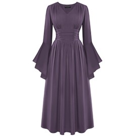 SCARLET DARKNESS Womens V Neck Renaissance Dress Smocked Elastic Waist Maxi Gothic Fancy Dress for Party Cosplay Purple XXL