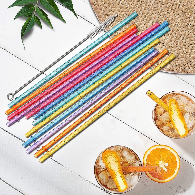 12-Pack Glitter Reusable Colorful Plastic Straws, 11 Inches Clear BPA-Free