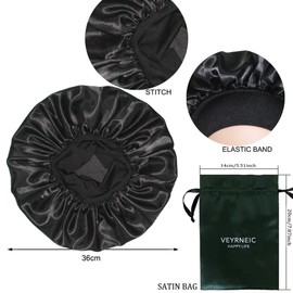 VEYRNEIC Hair Satin Bonnet for Sleeping Shower Caps Silk Chemo Caps with Wide Elastic Band Night Sleep Cap Bonnets for Black Women Braids with Satin Storage Bag (Black)