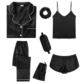 SWOMOG Women's Silk Satin Pyjamas Sets 7 Pieces Sleepwear Sexy Cami Shorts Set and Button Down Short Sleeve Satin Pjs, black