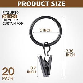 20 Pack Black Curtain Rings with Clips, Curtain Hooks Curtain Clips with Rings, Drapes Rings 1 Inch in Diameter, Fits up to 5/8" Curtain Rod