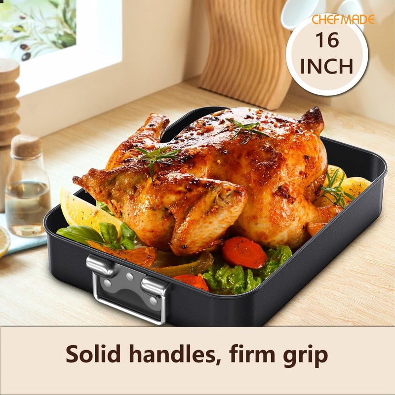 CHEFMADE Turkey Roasting Pan with V Rack, 16 Inch Deep
