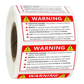 Button Cell Battery Warning Labels Ingestion Hazard Label 2.5 x 1.5 Inch Child Safety Hazard Labels Red Out of Children Stickers for Bags, Packaging Boxes 500 pcs