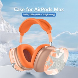 [4 in 1] Case Cover for AirPods Max Soft Cases Anti-Scratch Protective Ear Cups Cover/Ear Pad Case Cover/Headband Cover for AirPods Max Headphone(Bling Orange Star)