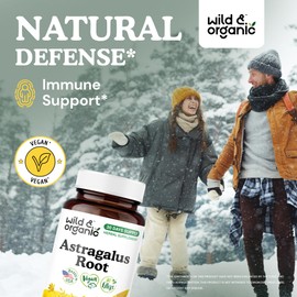 Wild & Organic Astragalus Root Capsules 1200 mg - Immune Support - Astragalus Powder Supplement - 30 Days of Supply - Vegan, No Fillers, Non-GMO - 60 Count
