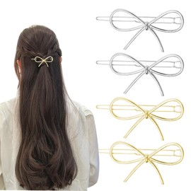 Bow Bobby Pins for Women Girls Gold silver Hair Bow Clips Small Hollow Hair Barrettes for Women Girls Hairpins 4pcs Cute Girls Hair Accessories Blonde Bobby Pins for Fine Thin Hair Bow Clip