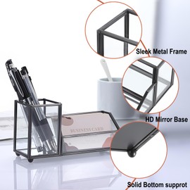 Hipiwe Glass Business Card Holder Metal Pen Pencil Storage Holder for Desk Clear Business Card Display Organizer Case for Office Home,2 Slots,Black
