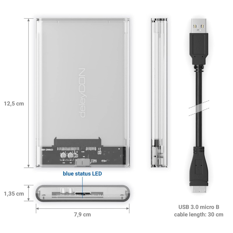 deleyCON SSD Hard Drive Enclosure USB-A 5Gbps 2.5 Inch Transparent