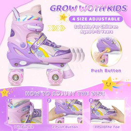 Nattork Girls Roller Skates for Big Kids ages6-12 7 8 9 10, 4 Size Adjustable Rainbow Quad Skates with All Light Up Wheels - Best Birthday Gift for Outdoor Sports