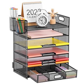 Lavatino Bandeja organizadora de papel de 6 niveles con cajón, organizador de suministros de oficina de malla para oficina, hogar o escuela, color neg