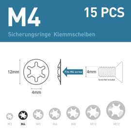 BOUMVID Pack of 15 M4 Starlock Washers, Black Circlips Clamping Ring Clamping Discs, 65Mn Manganese Steel Inner Tooth Starlock Washers, Speed Tooth Lock Washers