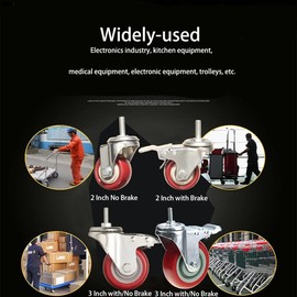 Heavy Duty Stem Caster Wheels Double Bearing PU Castors No Noise Swivel Casters M8-1.25x25mm 4 Packs with Dual Locking (3 Inch,with Brake)