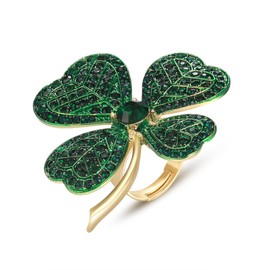 EVER FAITH St. Patrick's Day Four Leaf Clover Statement Ring, Sparkle Heart Shaped Crystal Lucky Enamel Green Leaf Adjustable Ring, Irish Holiday Jewelry Gift for Women