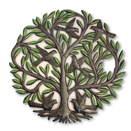 Painted Family Tree of Life Wall Art, Colorful Haitian Steel, Handmade and Decorative, Home Decor Wall Hangings, Roots, Flowers, 24 in. x 24 in. (Green Tones Painted Tree)