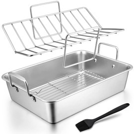 HaSteeL Roasting Pan with Rack Set, Large 15.2In Stainless Steel Lasagna Roaster Pan, Baking Rack, V-shaped Rack & 8In Basting Brush, Great for Turkey/Chicken/Veggies, Heavy Duty & Dishwasher Safe