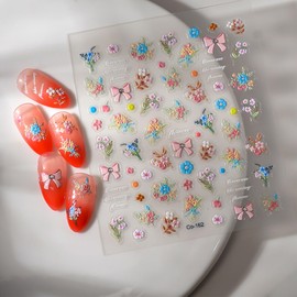 5D Embossed Bow Bouquet, Nail Stickers for Nail Art, 3 Sheets Self-Adhesive Nail Decals, Sweet Flower, 3D Stickers Nail Art, Stickers para Uñas (Garden Sweety 5D)