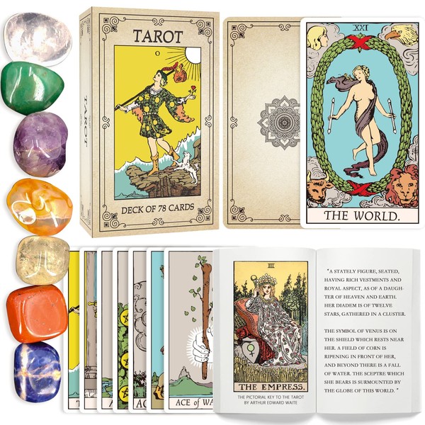 Tarot Cards with Guide Book and 7 Chakra Stones, Tarot Deck Cards for Beginners Expert Readers, Witchcraft, Spiritual Gifts for Women (Gold)