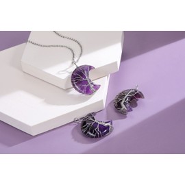 JSDDE Natural Amethyst Crystals Stone Necklace Healing Crystal Life Tree Wire Wrapped Moon Quartz Gemstone Pendant Necklace Jewelry