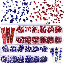 JERCLITY 1620pcs Flat Back Red Nail Rhinestones Blue Nail Rhinestones Round Beads Crystals Glass Gems Stones Multi Shapes Sizes With Picking Pen for Crafts Nail Face Art Clothes Shoes Bags DIY