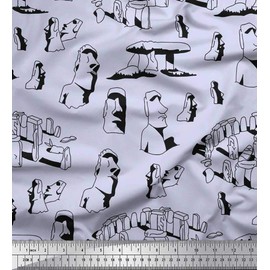 Soimoi Blue Rayon Fabric Easter Island Statue Face Print Fabric by The Yard 42 Inch Wide
