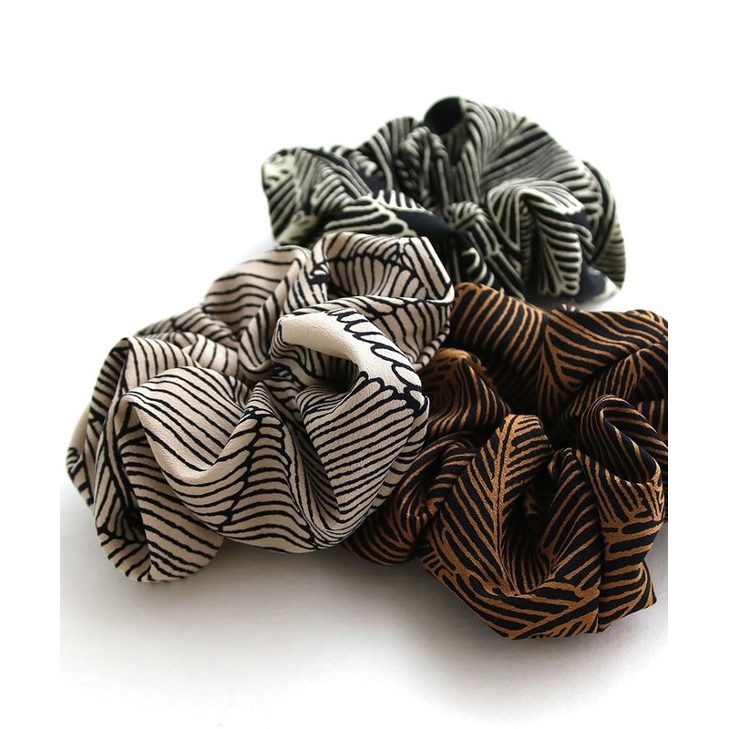 VINGTAINE HS-127-BE Botanical Pattern Scrunchie, Simple, Casual, Daily Chiffon Hair