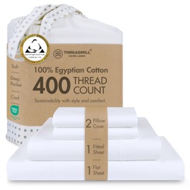 Threadmill Egyptian Cotton Queen Sheet Set | 100% Certified Egyptian Cotton Sheets for Queen Size Bed | Queen Bed Sheets Set with Snug Fit 16" Deep Pocket | Soft Cooling Sateen Bedding Set | White