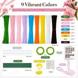 Yumcute 500 Pcs Pipe Cleaner Flower Kit, 9-Color Chenille Stems Flower Making Supplies with Floral Wires & Tape, DIY Forever Bouquet Art Craft Gift for Adults Home Decor, Birthdays, Anniversaries