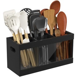Yofidra Bamboo Utensil Holder & Silverware Organizer: Extra Large Cooking Spoon Holder with Absorbing Drying Stone and 6 Compartments Kitchen Countertop Farmhouse Decor 11.8"X4.7"X5.9" Black