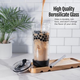  Premium 20oz Double-Wall Insulated Glass Tumbler –High Heat, Sweat-Proof Travel Cup for Water, Iced Coffee, Bubble Boba Tea, Smoothies, Protein Shake and Juices with Secure Lid and Boba Straw