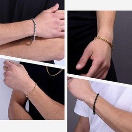 Richsteel Men's Bracelet Curb / Figaro / Cord Bracelet in 18k Gold/Silver/Black Bracelets for Boys Men with Gift Box Hip Pop Style Gifts, Stainless Steel