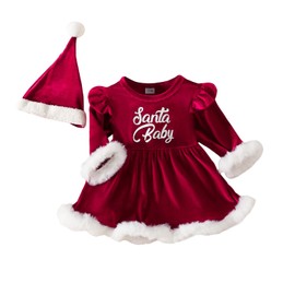HodJIU Mother Christmas Baby Girl Dress Christmas Red Velvet Long Sleeve + Hat Costume Outfit Christmas Father Clothing Winter Children, Fur Red