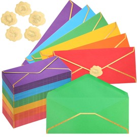 Jetec 100 Pcs #10 Colorful Business Mailing Envelopes with Gold Border and Gold Stickers Standard Letter Size Envelopes for Graduation Wedding Invitation Office Checks Invoices(Rainbow Color)