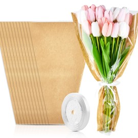 CLUEWR 50 PCS Flower Bags for Bouquets, Floral Wrapping Paper with Ribbons Florist Wrap Supplies, 22.1 x 14.2 Inches