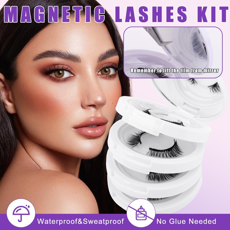 Natural Look Magnetic Eyelashes with Applicator: 4 Pairs, Reusable Magnetic