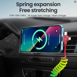 Laugwey Rainbow Spring 3 in 1 USB Charging Cable,Cute Colourful Multi Nylon Braided Coiled 3 in 1 Charger Cable for Car/Work/Home/Travel/Entertainment
