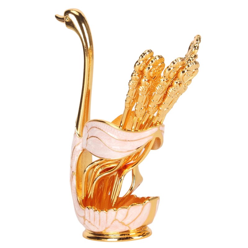 6Pcs Coffee Dessert Fork Set Metal Swan Base Holder Dessert