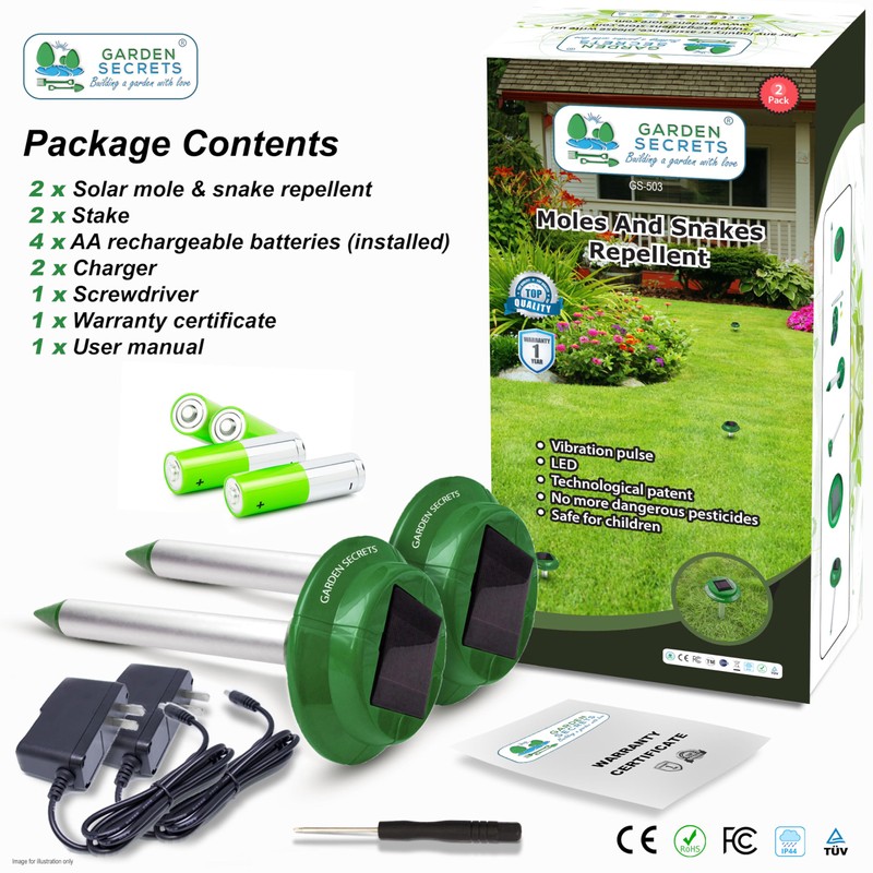 GARDEN SECRETS (2 Pack) Professional Solar MOLE & Snake Repellent,