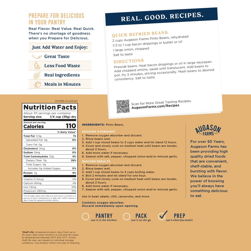 Augason Farms Pinto Beans 4-Gallon Pail, Emergency Food Supply, Everyday
