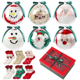 Foaincore 6 Pairs Christmas Fuzzy Socks for Women with Transparent Ball and Gift Box Cute Warm Winter Socks Fluffy Cozy Holiday Gift Sphere Slipper Sock Casual One Size Fits Most Socks Men Gift