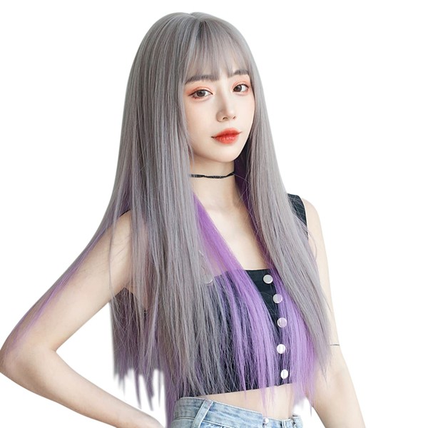 ARZER Wig, Women's Long Straight Wig, Black, Full Wig, Loose and Fluffy, Everyday Use, Cross-Dressing, Natural, Heat Resistant, Popular, Fashion, Flattering Bangs, Small Face, Net Included (Light Wisteria & Gray)