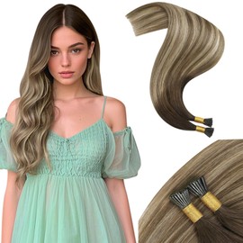 Moresoo Itip Human Hair Extensions Balayage Dark Brown to Bleach Blonde with Light Brown Pre Bonded Hair Extensions Human Hair 20 inch I Tip Extensions Long Straight 50G/50S