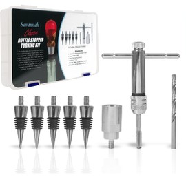 Peachtree Woodworking Supply Bottle Turning Kit with 5 Classic Chrome Stoppers 19/64 inch Drill Bit 1 inch 8 tpi Chuck and Ratcheting Handle with 3/8 inch Tap