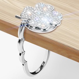 Mifoneix Bling Clover Design Purse Hook for Table，Foldable Handbag Hanger ，Table Glitter Purse Hanger，Sparkle Metal Folding Bag Holder（Silver）