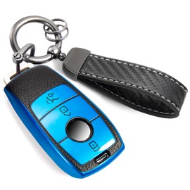 CTRINEWS for Mercedes Key Fob Cover with Carbon Fiber Style Belt Keychain, Upgraded Soft TPU Surface Grain Key Case for New Ben (3 Button) Key Fob Shell (Blue, B1)